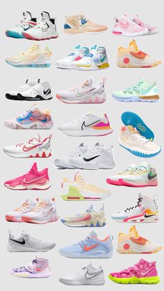 many different types of shoes are shown in this image, including white and pinks