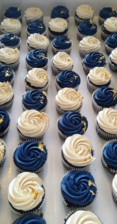 cupcakes with white and blue frosting in a box