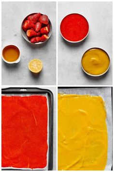 four images showing the steps to make strawberry lemon cake with orange icing and strawberries