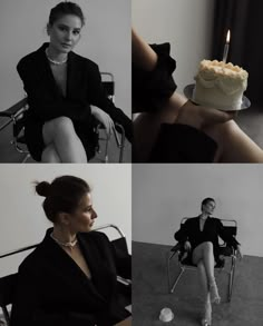 a woman sitting in a chair next to a cake with a candle on it and another photo of a woman wearing a black suit