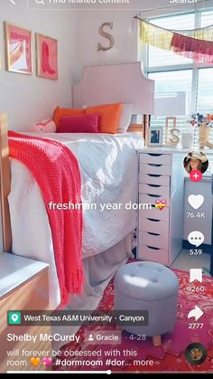 the bedroom is decorated in pink and white