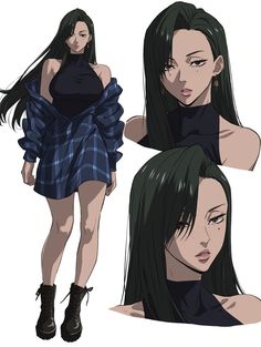 an anime character with long black hair wearing a dress and high heeled booties