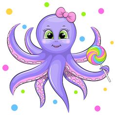 an octopus with a bow holding a lollipop