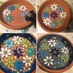 four different pictures of flowers painted on a bowl and in the process of being made