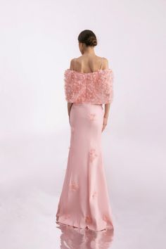 Tanner Trumpet Cold Shoulder Sleeved Silk Organza Floor Length Dress | MEAN BLVD Chic Organza Evening Dress For Cocktail, Elegant Organza Evening Dress For Cocktails, Elegant Organza Gown For Gala, Pink Evening Dress With Cape Sleeves For Formal Occasions, Pink Evening Dress With Cape Sleeves For Formal Events, Pink Formal Evening Dress With Cape Sleeves, Party Gown With Ruffles And Cape Sleeves, Luxury Organza Cocktail Evening Dress, Luxury Organza Dress For Evening