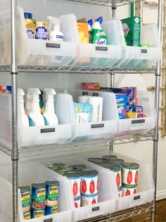 the shelves are filled with cleaning products and containers