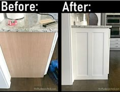 before and after photos of a kitchen cabinet door being painted white with woodgrain