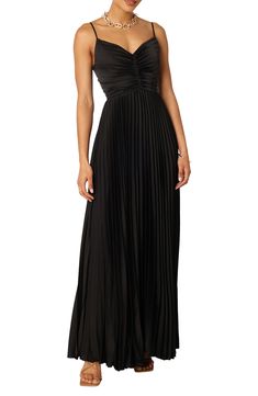 Allover pleats lend graceful movement to this elegant evening-out gown designed with a perfectly draped skirt. Hidden back-zip closure V-neck Adjustable straps Partially lined 100% polyester Hand wash, dry flat Imported Black Formal Dress Wedding, Anthropologie Black Dress, Long Formal Dresses Black, Black Satin Dress Bridesmaid, Pleated Formal Dress, Black Formal Bridesmaid Dresses, Pleated Evening Dress, Winter Black Tie Dress, Black Dress Bridesmaids