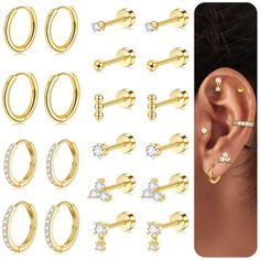 PRICES MAY VARY. Flat Back Earrings: Our Leocuci Surgical Steel Flat Back Stud Earrings feature a unique flat back design, providing a comfortable and secure fit for all-day wear. Versatile Studs and Hoops: With a variety of different stud designs and four pairs of hoop earrings, our set offers endless options for creating stylish and versatile looks to suit any occasion. Hypoallergenic Gold Studs: Crafted from hypoallergenic surgical steel and plated in gold, our studs are not only fashionable Gold Cartilage Earrings, Helix Piercing Jewelry, Tragus Jewelry, Cartilage Earrings Hoop, Simple Stud Earrings, Mini Studs, Surgical Steel Earrings, Flat Back Earrings, Traditional Earrings