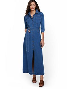 Shop Denim Maxi Shirtdress. Find your perfect size online at the best price at New York & Company. Work Apparel, Business Casual Spring, Spring Business Casual, Denim Maxi Dress, Utility Style, Denim Maxi, Summer Work, Casual Weekend, Denim Details