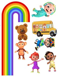 there are many different children's toys in front of the letter i, including a rainbow