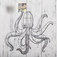 an octopus is drawn on the side of a wooden wall with a postcard attached to it