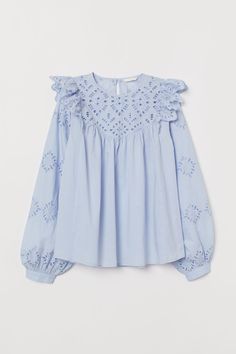 Blouse with Cutwork Embroidery - Light blue - Ladies | H&M US 1 Satijnen Blouses, Boho Mode, Cutwork Embroidery, Satin Blouses, Elegant Blouses, Designer Dresses Indian, Kurta Designs, Girls Fashion Clothes, Cut Work