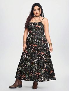 ROMWE Goth Plus Size Gothic Style Printed Slim Fit A-Line Dress With Plants And Bunny Pattern For Spring/Summer Summer Goth Outfits Plus Size, Goth Plus Size Fashion, Gothic Chic Fashion, Plus Size Goth Outfits, Goth Outfits Plus Size, Summer Goth Outfits, Goth Plus Size, Zoo Outfit, Plus Size Goth Fashion