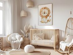 a baby's room with white furniture and neutral decor, including a lion print on the wall