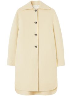 beige virgin wool front button fastening spread collar long sleeves buttoned cuffs rear curved hem below-knee length Outerwear Coats, Jil Sander, Outerwear Women, Wool Coat, Sanders, Single Breasted, Knee Length, Top Brands, Long Sleeves