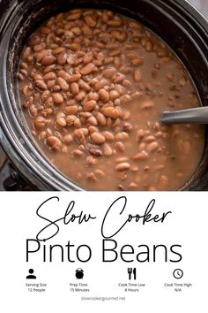 slow cooker pinto beans in a crock pot with text overlay that reads slow cooker pinto beans