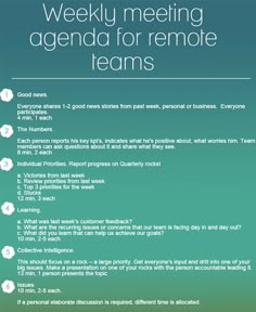 a poster with the words weekly meeting agenda for remote teams