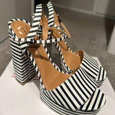 Brand New. Never Worn. Minor Scuff On Insole. Trendy White Sandals With Stacked Heel, Black And White Round Toe Heels For Spring, White Chunky Platform Wedge Heels, Chic White Chunky Platform Sandals, Chic Striped Summer Heels, Chic Striped High Heel Shoes, Chic Striped High Heel, Chic Striped High Heels, Chunky Heel Sandals