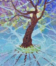 a painting of a tree with blue and purple background