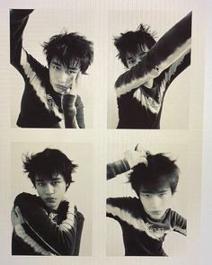 four black and white photos of a young man with his hair in the air, brushing his hair