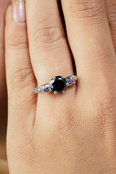 Skull Engagement Ring Womens Purple Black Stone Gothic Rings Black Round Skull Promise Ring, Black Skull Promise Ring, Elegant Black Amethyst Promise Ring, Elegant Black Skull Ring For Halloween, Black Gothic Skull Ring For Anniversary, Gothic Black Skull Ring For Anniversary, Black Amethyst Promise Ring, Gothic Anniversary Rings, Gothic Engagement Rings