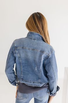 Greet the day with style in The Rue Denim Jacket! This chic button-down denim jacket features stretch denim for a modern, comfortable fit. The collared neckline, chest pockets, and side pockets offer plenty of style and storage. A raw hem and buttoned cuffs give this jacket a unique twist. Wear it with your favorite jeans and show off your fashionable side! Details + Fit 98% Cotton | 2% Spandex Runs True to Size Machine Wash Cold Hang Dry Denim Jacket Stretch Denim Collared Neckline Button Front Light Wash Denim Jacket With Buttoned Pockets For Fall, Medium Wash Button-up Outerwear With Frayed Hem, Light Wash Cotton Denim Jacket With Frayed Hem, Spring Washed Blue Denim Jacket With Buttoned Pockets, Trendy Medium Wash Denim Top, Trendy Medium Wash Denim Top For Everyday, Medium Wash Button-up Denim Jacket With Frayed Hem, Medium Wash Denim Jacket With Frayed Hem, Trendy Medium Wash Button-up Denim Jacket