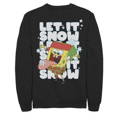 He'll love the playful style of this Men's Nickelodeon Spongebob Squarepants Let It Snow Let It Snow Let It Snow Graphic Fleece Pullover. Crewneck Long sleeves FABRIC & CARE Cotton, polyester Machine wash Imported Color: Black. Gender: male. Age Group: adult. Winter Cartoon Print Tops For Loungewear, Winter Crew Neck Sweatshirt With Character Print, Winter Fleece Tops With Character Print, Winter Character Print Fleece Tops, Funny Black Winter Sweatshirt, Winter Cotton Sweater With Character Print, Cotton Winter Sweater With Character Print, Funny Winter Sweatshirt For Streetwear, Funny Black Winter Tops