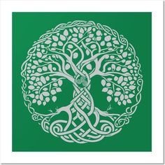 the tree of life is depicted in this green and white art print, which features an intricate