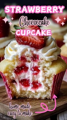 Strawberry Cheesecake Cupcakes Strawberry Themed Cupcakes, Strawberry Cheesecake Filling, Strawberry Cheesecake Cupcakes, Dessert Quotes, Cheesecake Cupcakes Recipe, Fluffy Cheesecake, Cheese Alternative, Party Food Dessert, Dairy Free Cream