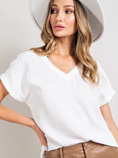 Product Details: Solid White Woven Top V-neck Cuffed short sleeves. Wedding Bride Jewelry, V Neck Top, Cuffed Shorts, Curvy Dress, Woven Top, Kimono Dress, Off White Color, Boots For Sale, Dress Romper