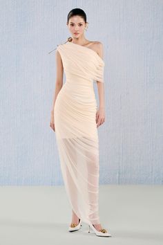 This dress features a unique asymmetric design and gathered details, crafted from luxurious viscose fabric. Perfect for any formal event, this dress will make you feel confident and stylish. Pre-draped Ruched One Shoulder Dress, Ruched Pre-draped One Shoulder Dress, Fitted Pre-draped Asymmetrical Cocktail Dress, Pre-draped Asymmetrical Dress With Fitted Bodice, Pre-draped Cocktail Dress With Ruched Bodice, Pre-draped Ruched Gown With Asymmetrical Neckline, Asymmetrical Neckline Pre-draped Ruched Gown, Pre-draped Asymmetrical Gown With Ruched Details, Evening Pre-draped One Shoulder Dress With Ruching