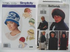 UNCUT Hat/Outerwear Patterns, Simplicity 1736 for Vintage Looking Hats in 3 Sizes OR Butterick 3311 for Headwrap, Headband, Vest, Bag, Scarf Patterns are UNCUT and Factory Folded. Pattern envelope conditions are good. Please see pictures and contact me if you have any questions.  Patterns and Books are shipped within two business days. The tracking number will be emailed to you. Shipping is combined if multiple items are purchased and should the shipping overage be $1.00 or more, the entire shipping overage will be refunded to your account. All items are kept in my smoke free and pet free home. Vintage Hat Sewing Pattern, Sewing Hats, Simplicity Patterns, Scarf Pattern, Head Wraps, Sewing, Hats, Pattern