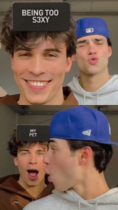 three pictures of the same person with different expressions on their faces, one is wearing a hat and the other has his mouth open