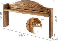 a wooden bench with the measurements for it and an image of its back section showing