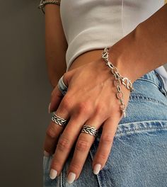 Antique silver foxtail chain ring, womens adjustable ring, stackable open pinky ring, solid chain ring, unisex chain ring, gift for her Welcome to my shop! PLEASE NOTE: THE LISTING IS FOR ONE RING! This unique silver ring can glam your simple shirt and jeans or your urban-style outfit. It can be worn alone or in combination with other rings. Gift for her or him, handmade with Pewter. It is subjected to an anti-allergic process (nickel and lead free) Beautiful piece! It goes with absolutely every Tight Black Shirt, Unique Silver Rings, Urban Style Outfits, Infinity Symbol, Matching Rings, Unisex Ring, Statement Bracelet, Pinky Ring, Matching Bracelets