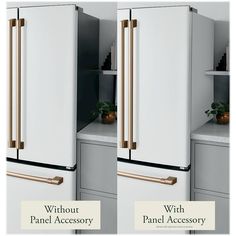 two white refrigerators side by side with gold handles