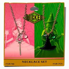 two necklaces in the shape of wizard and witch