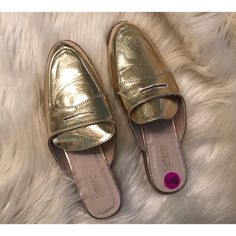 Brand New With Tags. 1” Heel. Classic Gold Mules For Spring, Gold Flat Mules For Spring, Gold Flat Mules For Formal Occasions, Gold Slip-on Mules For Work, Gold Slip-on Mules For Spring, Gold Mules For Spring Workwear, Casual Gold Slip-on Mules, Gold Low Heel Flats For Spring, Gold Mules For Work