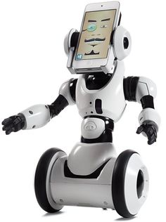 a white robot is holding up a cell phone