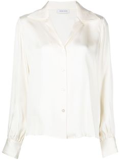 Mylah spread-collar silk shirt from ANINE BING featuring ivory white, spread collar, V-neck, silk, long sleeves and front button fastening. Black Satin Pants Outfit, Satin Pants Outfit, White Silk Blouse, Satin Trousers, Satin Pants, Versace Outfit, Body Composition, Anine Bing, White Silk