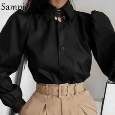 Sampic Turn-Down Collar Casual Streetwear Woman Fashion Button Brown L – Amozae Puff Long Sleeve Top, 00s Mode, Leather Blouse, Puff Long Sleeves, Streetwear Fashion Women, Leather Shirt, Puff Sleeve Blouse, Mode Inspo, Long Puff Sleeves