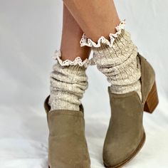 MARLED cotton short lace boot socks - tan A must-have for any short boot owner, our marled cotton short lace boot socks provide a soft texture and complement a variety of shoe and boot options. Made with premium cotton marled yarn, these socks are both comfortable and stylish. made in america sock is  8'" from heel to toe cotton blend sock one size fits most women 6-10    cozy and comfortable    rib knit design * Signature socks by Catherine  Cole Quality lace socks for women  Women have been calling our lace socks their signature look for many years Cute Elastic Socks For Spring, Cute Elastic Spring Socks, Comfortable Cream Socks For Fall, Soft Cream Socks For Fall, Beige Knee-high Socks For Stocking Stuffers, Mid-calf Beige Socks For Fall, Beige Fitted Knee-high Socks, Beige Mid-calf Socks For Fall, Cozy Mid-calf Spring Socks