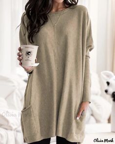 OliviaMark - Stylish Autumn Long Sleeve Casual Pocket T-shirt Mom Clothes, Maxi Dress Summer, Spring Outfits 2022 Trends, Shirts Women Fashion, Round Neck Shirt, Spring Outfits 2022, Long Sleeve Tops Casual, Loose Outfit, 2022 Trends