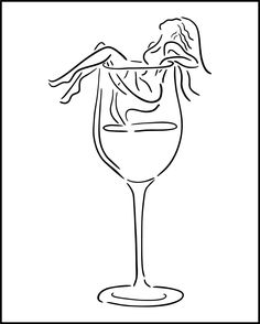 a drawing of a wine glass with a woman on the rim and her hair blowing in the wind