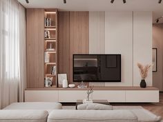 a living room with a couch, television and bookshelves on the wall in front of it