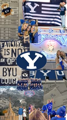 the collage shows images of cheerleaders and sports teams in blue, white and black