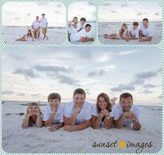 a family posing for pictures on the beach