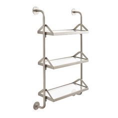 a three tiered shelf with glass shelves on each side and two metal bars in the middle