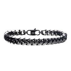 "This bracelet offers contemporary style for men, and is perfect for those who appreciate a simple, yet striking urban aesthetic. This bracelet offers contemporary style for men, and is perfect for those who appreciate a simple, yet striking urban aesthetic. Chain type: curb Chain width: 8 mm Clasp: lobster claw Length: 8.5 in. Metal: stainless steel Plating: ion plated Finish: polished Packaging: boxed Please note, due to the high value of this item, a signature may be required upon delivery. S Modern Cuban Link Chain Bracelet, Black Stainless Steel Bracelet With Curb Chain, Black Stainless Steel Curb Chain Bracelets, Modern Black Cuban Link Bracelet, Modern Chain Link Bracelets For Streetwear, Modern Cuban Link Bracelet, Modern Black Metal Cuban Link Bracelet, Modern Black Chain Bracelets, Classic Black Chain Bracelet For Everyday